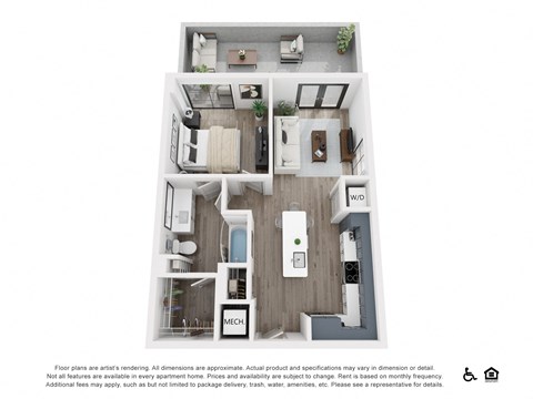 a 3d floor plan of a 1 bedroom apartment